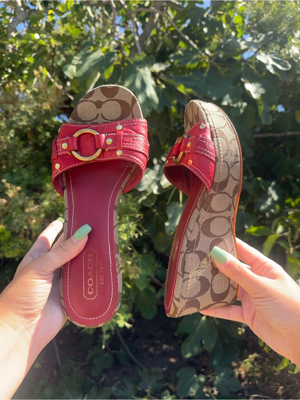 Rare Y2K vintage monogram Coach red leather wedges